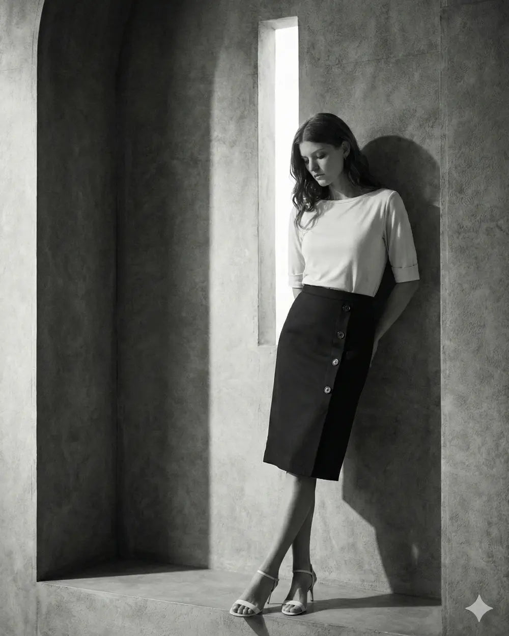 חצאית פשתן בגוון מרווה עם כיסים וכפתורים קדמיים, צילום חלקי קדמי על דוגמנית Sage green linen skirt with front buttons and side pockets, partial front view on model | רזו RÉZO