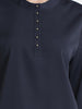 Navy blue satin blouse featuring high crew neck, elbow sleeve, and gold color buttons