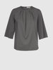 3/4 sleeve medium gray women's blouse with pleats around the neckline